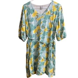 Paper Crane Yellow Green Floral Belted VNeck Mini Dress Size Medium